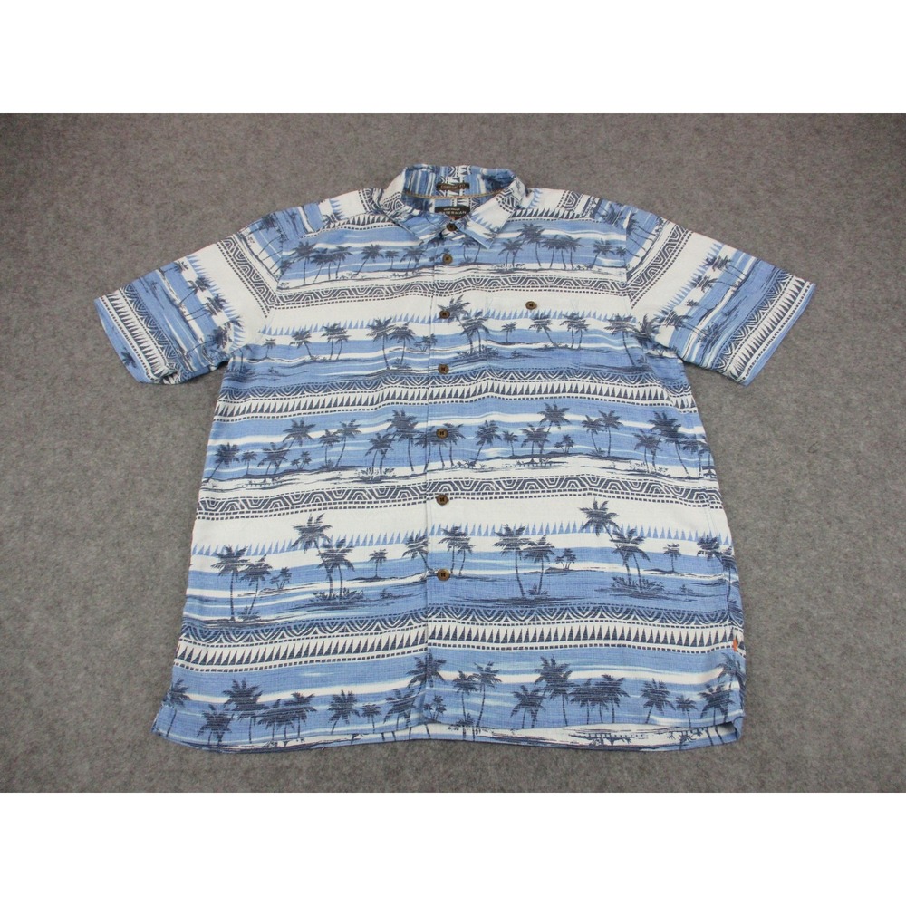 Quiksilver Waterman Shirt Mens Medium Blue Striped Palm Trees Button Up Pocket
